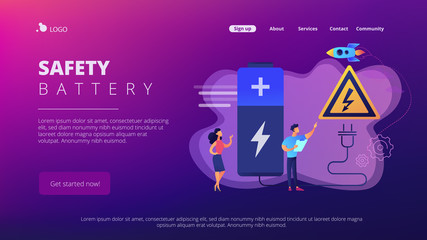 Engineers make recharging battery safe with plug and high voltage warning sign. Safety battery, protected energy device, battery safety use concept. Website vibrant violet landing web page template.
