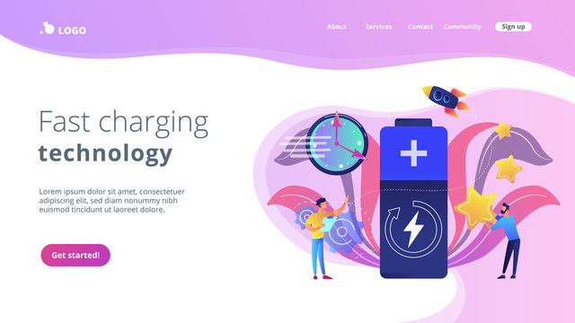 Engineers with battery charging and stars with rocket. Fast charging technology, fast-charge batteries, new battery engineering concept. Website vibrant violet landing web page template.