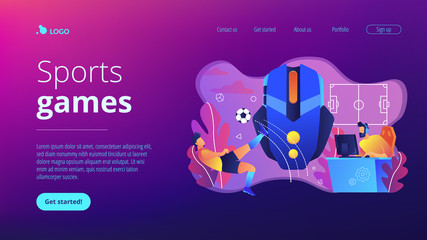 Gamer with headset at computer taking part in online footbal tournament. Sports games, online footbal tournament, e-game championship concept. Website vibrant violet landing web page template.