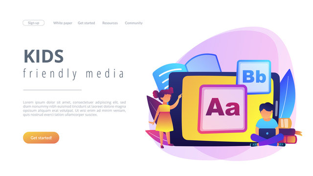 Children at tablet and with laptop using kids friendly alphabet application. Kids digital content, kids friendly media, children apps concept. Website vibrant violet landing web page template.