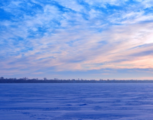 Winter rural landscape. Lake in winter.