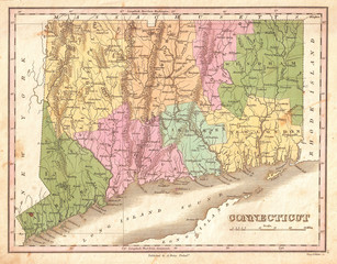 Fototapeta na wymiar 1827, Finley Map of Connecticut, Anthony Finley mapmaker of the United States in the 19th century