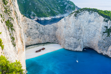 Greece, Zakynthos, Worlds famous smugglers cove or shipwreck beach from above