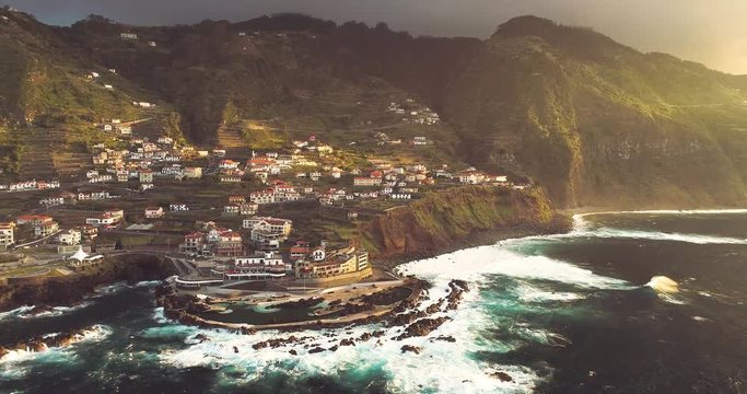 4k aerial view of Porto Moniz at sunset, Madeira Island, Portugal