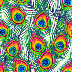 Peacock feathers seamless pattern.