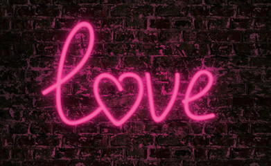 Love word neon text on grunge wall background - Powered by Adobe