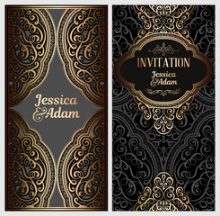 Black and gold luxury wedding invitation card with golden shiny eastern and baroque rich foliage. Ornate islamic background for your design. Islam, Arabic, Indian, Dubai.