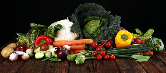 Composition with variety of raw organic vegetables and fruits. Balanced diet