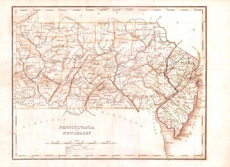 Fototapeta na wymiar 1835, Bradford Map of Pennsylvania and New Jersey