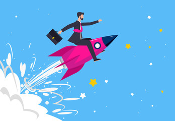 Obraz na płótnie Canvas vector image of a business man sitting on a rocket, flies up, business start template