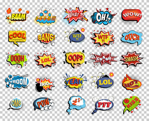 Set of comic speech bubbles or sound replicas. Onomatopoeic expressions: Lol and cool, bang and WTF, OOOH and OOPS, Vroom and yeah, boom and pow © Kololo