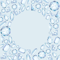Vector circle frame with diamonds and crystals pastel color background with bright gem