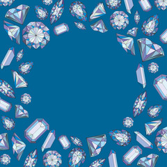 Vector circle frame with diamonds and crystals colorful background with violet gem