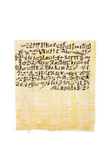 Papyrus containing the anthem of Sekhmet-Bast, daughter of Ra Egyptian Book of the Dead, chapter CLXIV 164 in hieratika. Handpainted with ink now. Isolated.