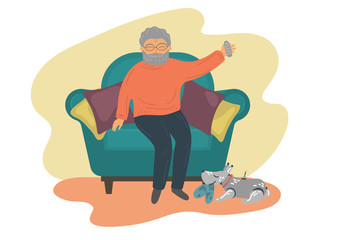 Robot dog brinning slippers to senior man. 