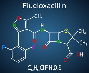 Flucloxacillin (floxacillin) molecule. It is beta-lactam antibiotic of the penicillin class. Structural chemical formula on the dark blue background