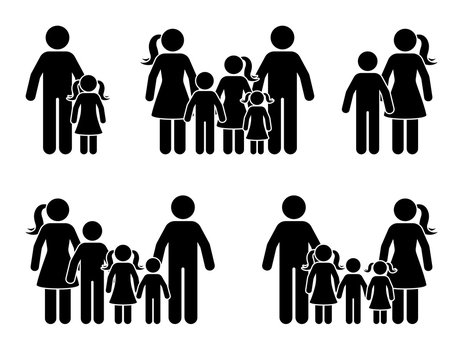 Stick figure parents and children icon set. Big happy family black pictogram