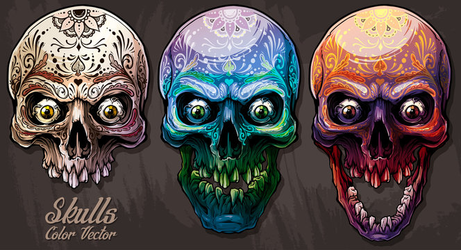 Detailed graphic realistic cool colorful human skulls with eyes and mexican tattoo floral ornament. On gray grunge background. Vector icon set.