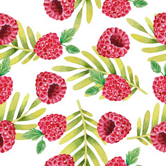 Illustration of watercolor hand drawn pattern with red fresh raspberries. Summer fruit background. Organic food. Best for textile, wrapping paper, farmers market and emblem natural product.