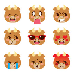 Cute buffalo character avatar emoji face expressions with different emotions