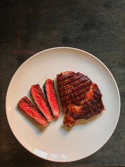 meat, steak, beef (piece). top copy space