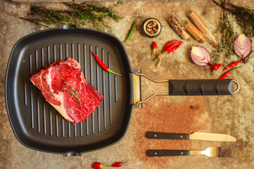 meat, steak, beef (piece). top copy space