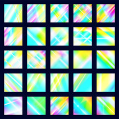 Fototapeta premium Set of iridescent disco textures. Holographic prism backgrounds. Rainbow glow reflections of light dispersion and reflection in the glass.