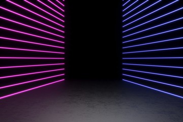 Background of an empty black corridor with neon light. Abstract background with lines and glow. 3d rendering.