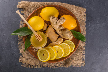 Healthy food.Lemon, honey and ginger.Lemon honey and ginger. Сoncept of healthy food, strengthening immunity and alternative therapy.
