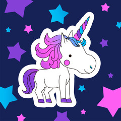Cute Cartoon Smiling Unicorn on a blue background with beautiful stars