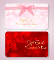 Gift card with red hearts on background and bow, pink ribbon. Maroon vector backdrop with romantic beautiful pattern design for gift certificate, voucher (light pink celebration valentine card)