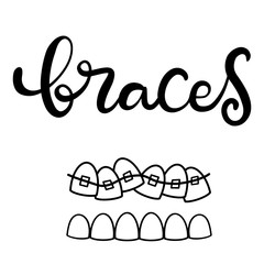 Lettering illustration about dental health care with the image of braces on teeth. EPS10