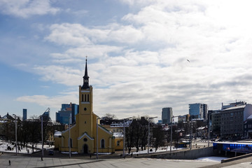 urban landscape. Church of the Holy spirit in Tallinn. Spring in Europe