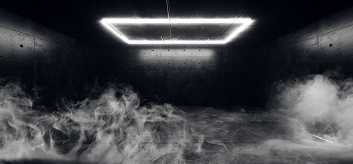 Futuristic Dark Sci Fi led Neon Glowing Ceiling Rectangle Light On Smoke Fog Dark Grunge Concrete Room Empty Space Gallery Hall 3D Rendering
