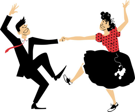 Couple dressed in vintage closes, dancing rock and roll, EPS 8 vector illustration