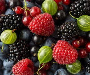 Ripe blackberries, blackcurrants, red currants, raspberries and gooseberries. Mix berries and fruits. Top view. Background berries and fruits. Various fresh summer fruits.