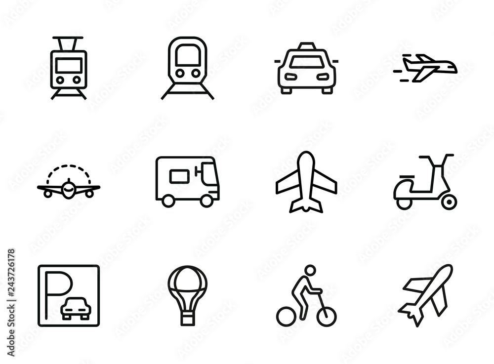 Sticker transport line icon set. set of line icons on white background. airplane, bicycle, car. travel conce