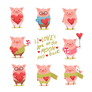 set of cute cartoon valentines pigs with hearts