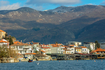 Fototapeta na wymiar Landscape of Lake Ohrid overlooking the city against the backdrop of majestic hills, Macedonia