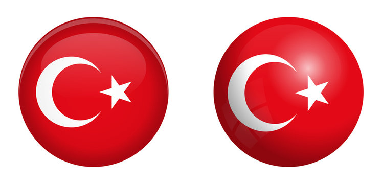 Turkey flag under 3d dome button and on glossy sphere / ball.