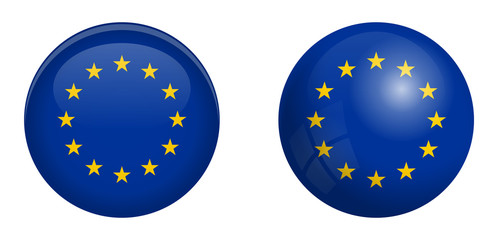 European Union flag under 3d dome button and on glossy sphere / ball.