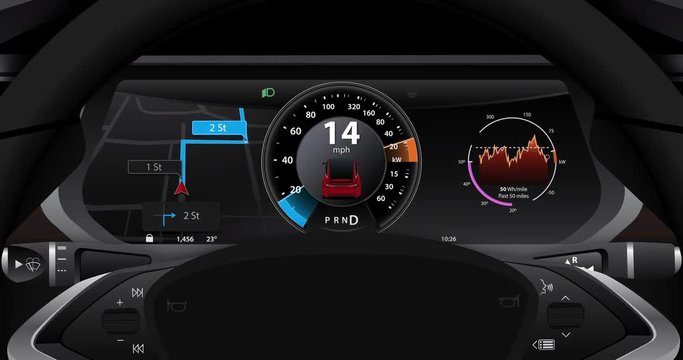 Electric car dashboard display closeup. Vehicle accelerates to 25 miles per hour, consumes energy, then slows down and produces energy in recuperation mode. 4K animation