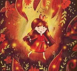 the girl walks among the autumn leaves