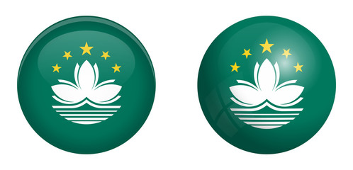 Macao (Administrative Region of the People's Republic of China) flag under 3d dome button and on glossy sphere / ball.