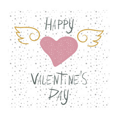 Vector illustration on the theme of Valentine's Day with heart, wings and lettering in pink, gold and gray colors on a white background. Great for gift tags and greeting cards
