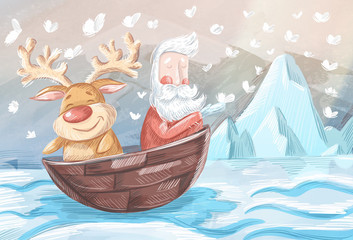Christmas background with Santa in a boat with a deer.