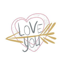 Vector illustration on the theme of Valentine's Day with heart, arrow and lettering in pink, gold and gray colors on a white background. Great for gift tags and greeting cards