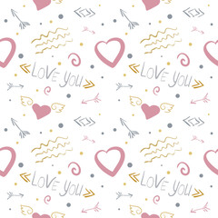 Vector seamless pattern on the theme of Valentine's Day with hearts, arrows and lettering in pink, gold and gray colors on a white background. Great for gift tags and greeting cards
