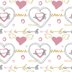 Vector seamless pattern on the theme of Valentine's Day with hearts and arrows  in pink, gold and gray colors on a white background. Great for gift tags and greeting cards