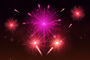 Naklejka premium Bright festive colorful fireworks set. Vector realistic fireworks illustration. New Year Christmas firework. Firework explosion, star or stardust, bright colors.